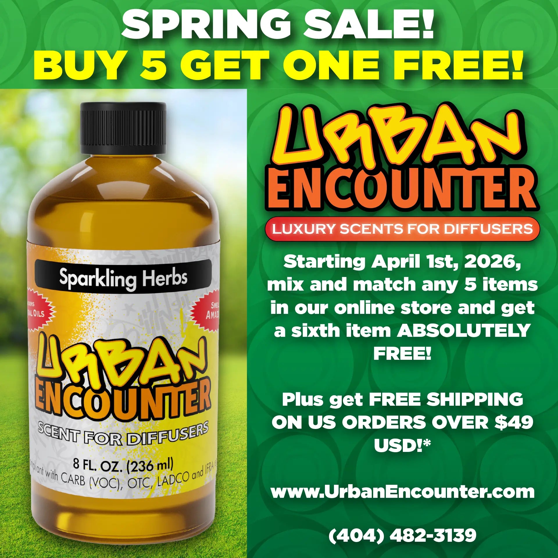 Urban Encounter Spring Sale, Buy 5 Get One Free, Diffuser Oil Feature, Square